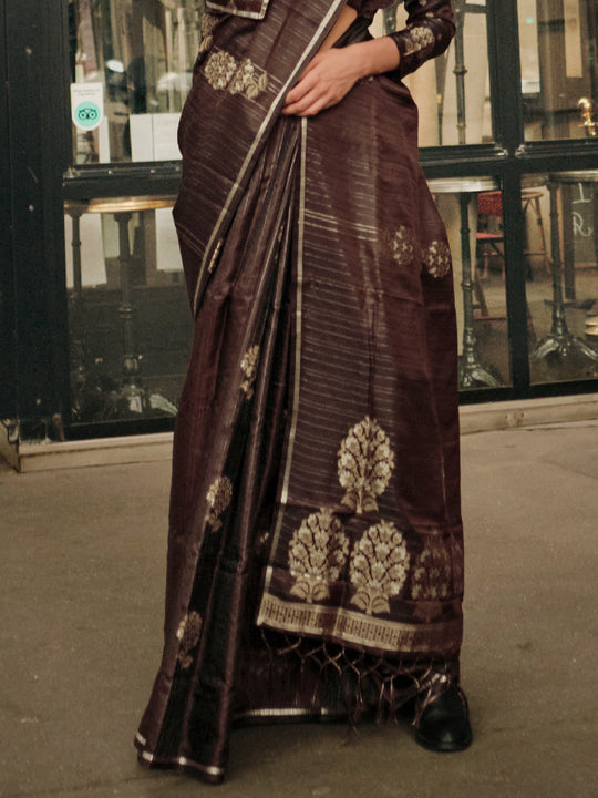 Brown Satin Saree With Blouse Piece