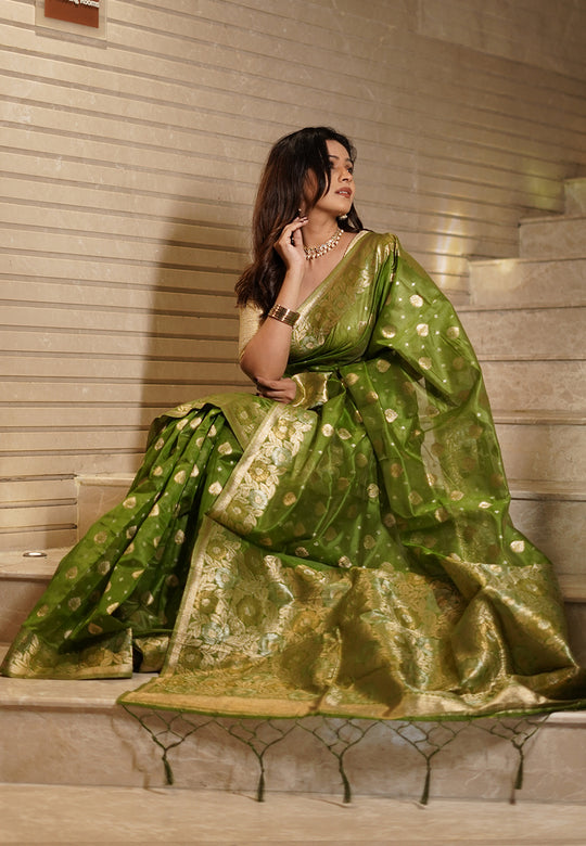 Mehendi Banarasi Silk Blend Saree With Blouse Piece
