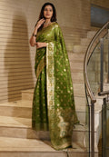Mehendi Banarasi Silk Blend Saree With Blouse Piece