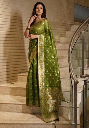 Mehendi Banarasi Silk Blend Saree With Blouse Piece