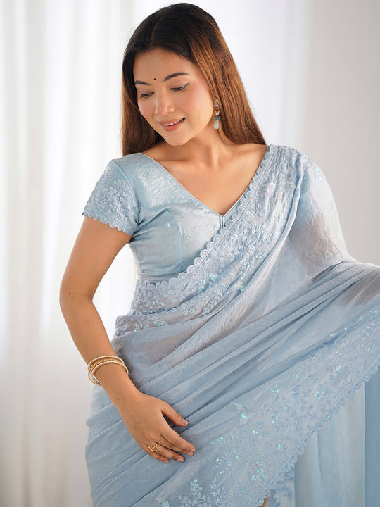 Sky Blue Tissue Silk Saree With Blouse Piece