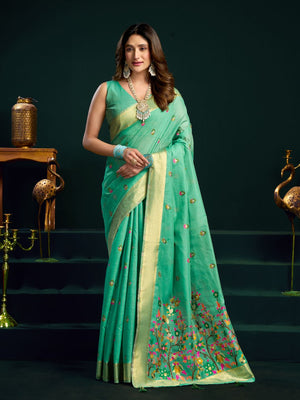 Sea Green Munga Cotton Mina Work Saree With Jari Border Saree With Blouse Piece