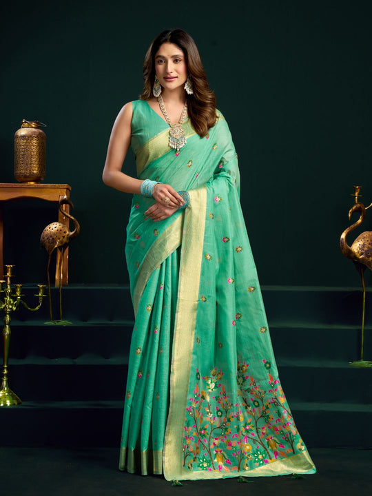Sea Green Munga Cotton Mina Work Saree With Jari Border Saree With Blouse Piece