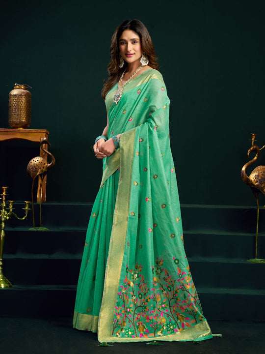 Sea Green Munga Cotton Mina Work Saree With Jari Border Saree With Blouse Piece
