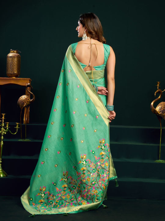 Sea Green Munga Cotton Mina Work Saree With Jari Border Saree With Blouse Piece