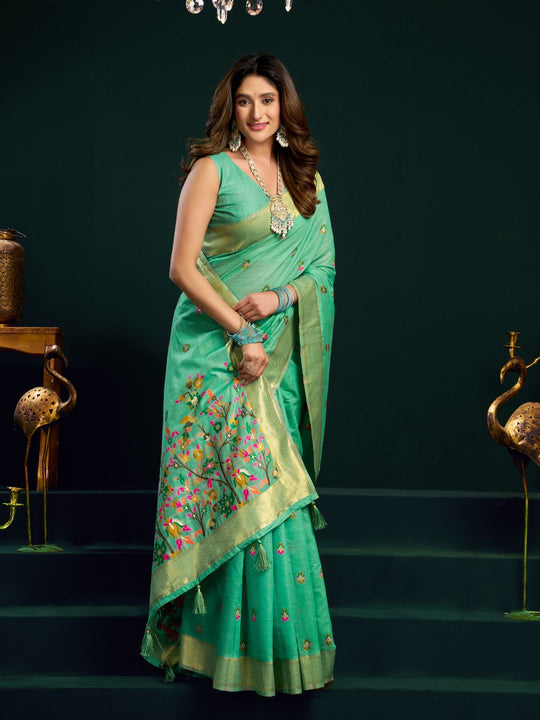 Sea Green Munga Cotton Mina Work Saree With Jari Border Saree With Blouse Piece