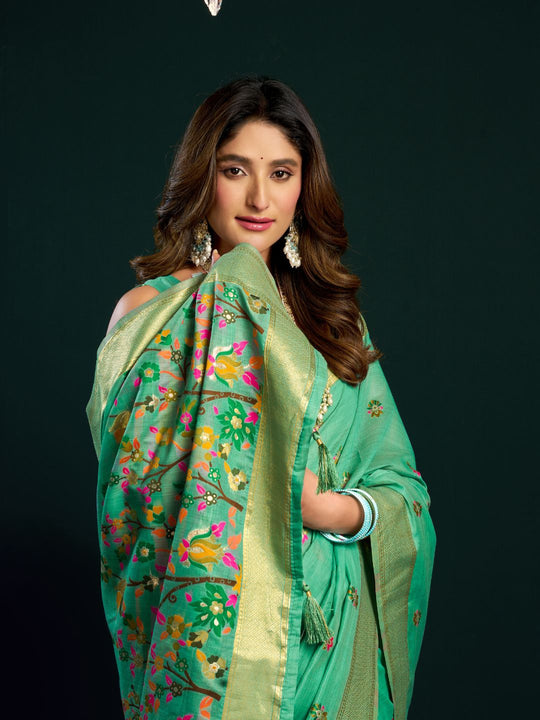 Sea Green Munga Cotton Mina Work Saree With Jari Border Saree With Blouse Piece