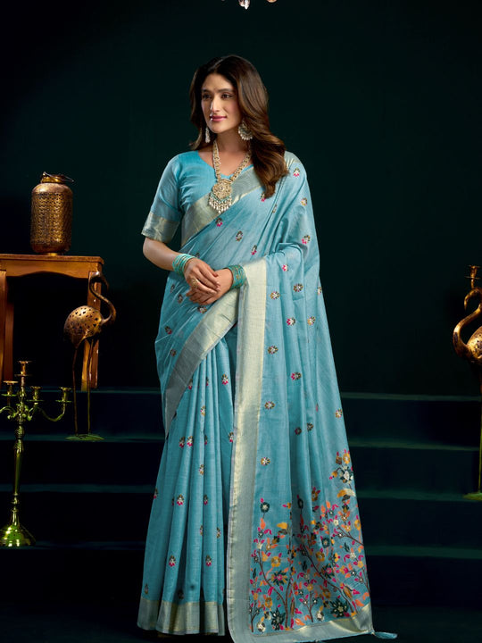 Sky Blue Munga Cotton Mina Work Saree With Jari Border Saree With Blouse Piece