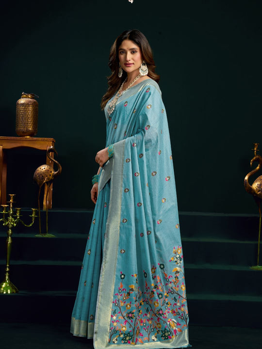 Sky Blue Munga Cotton Mina Work Saree With Jari Border Saree With Blouse Piece