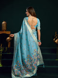 Sky Blue Munga Cotton Mina Work Saree With Jari Border Saree With Blouse Piece