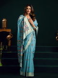 Sky Blue Munga Cotton Mina Work Saree With Jari Border Saree With Blouse Piece