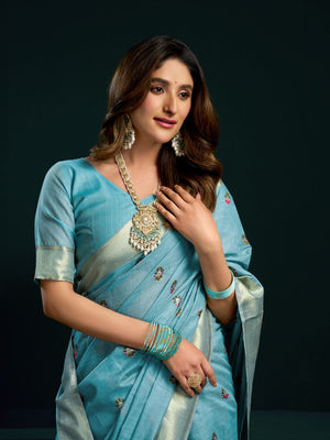 Sky Blue Munga Cotton Mina Work Saree With Jari Border Saree With Blouse Piece