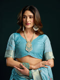 Sky Blue Munga Cotton Mina Work Saree With Jari Border Saree With Blouse Piece