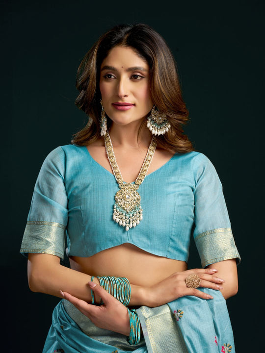 Sky Blue Munga Cotton Mina Work Saree With Jari Border Saree With Blouse Piece