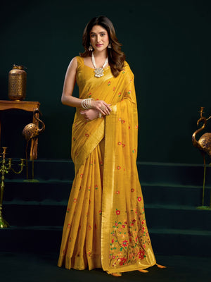 Yellow Munga Cotton Mina Work Saree With Jari Border Saree With Blouse Piece