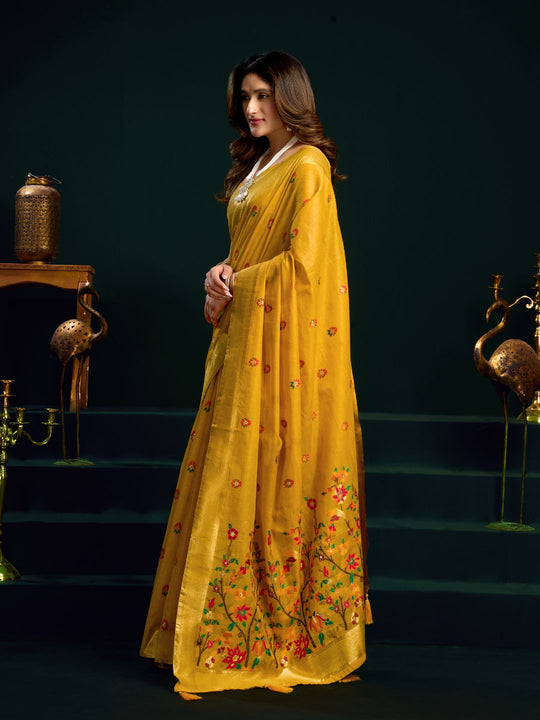 Yellow Munga Cotton Mina Work Saree With Jari Border Saree With Blouse Piece