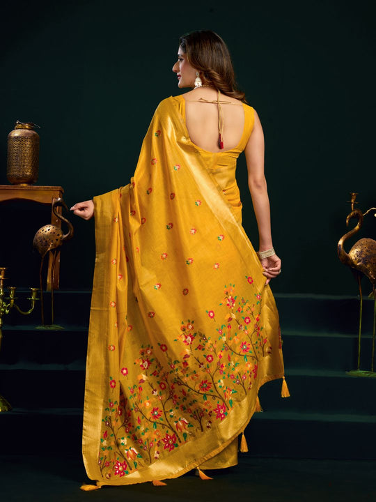 Yellow Munga Cotton Mina Work Saree With Jari Border Saree With Blouse Piece