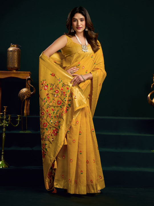 Yellow Munga Cotton Mina Work Saree With Jari Border Saree With Blouse Piece