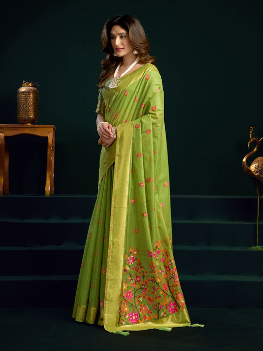 Green Munga Cotton Mina Work Saree With Jari Border Saree With Blouse Piece