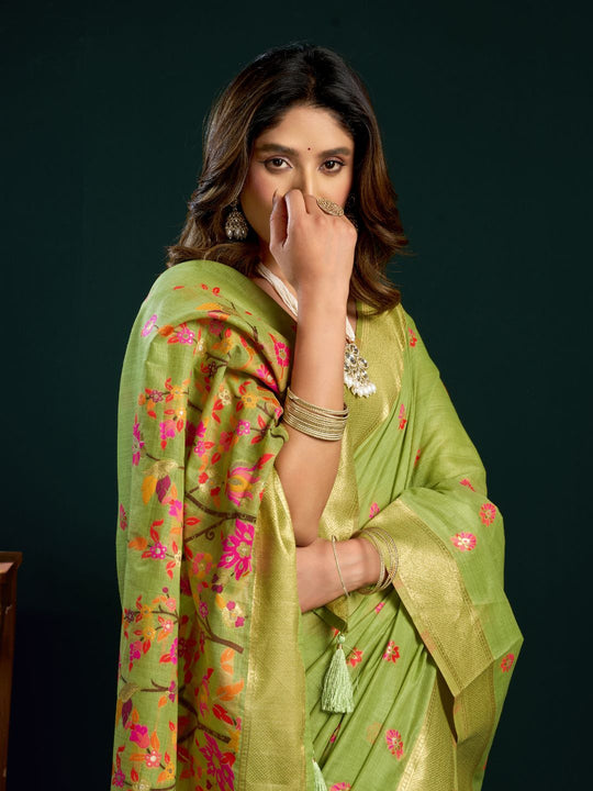 Green Munga Cotton Mina Work Saree With Jari Border Saree With Blouse Piece