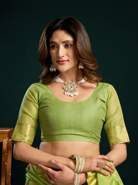 Green Munga Cotton Mina Work Saree With Jari Border Saree With Blouse Piece