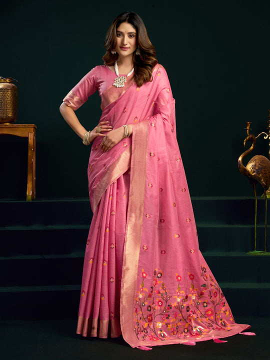 Pink Munga Cotton Mina Work Saree With Jari Border Saree With Blouse Piece