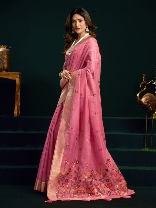 Pink Munga Cotton Mina Work Saree With Jari Border Saree With Blouse Piece