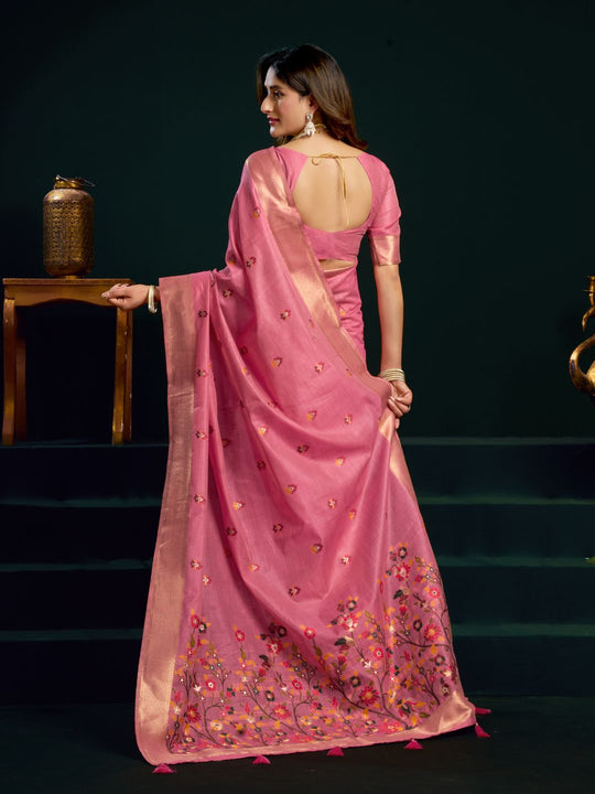 Pink Munga Cotton Mina Work Saree With Jari Border Saree With Blouse Piece