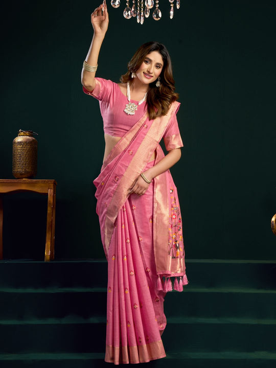 Pink Munga Cotton Mina Work Saree With Jari Border Saree With Blouse Piece