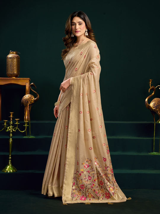 Cream Munga Cotton Mina Work Saree With Jari Border Saree With Blouse Piece