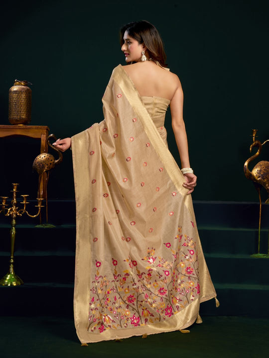 Cream Munga Cotton Mina Work Saree With Jari Border Saree With Blouse Piece