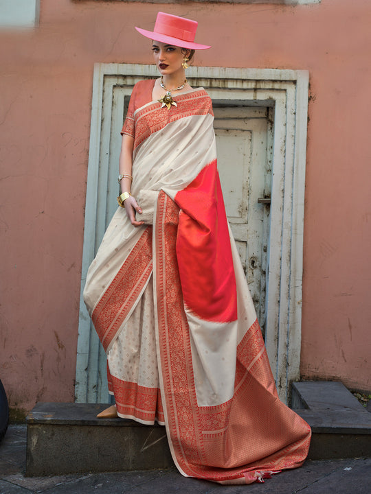 Red & White Soft Silk Saree With Blouse Piece