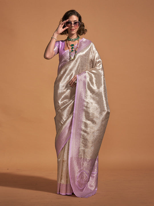 Lavender Kanjivaram Silk Saree With Blouse Piece