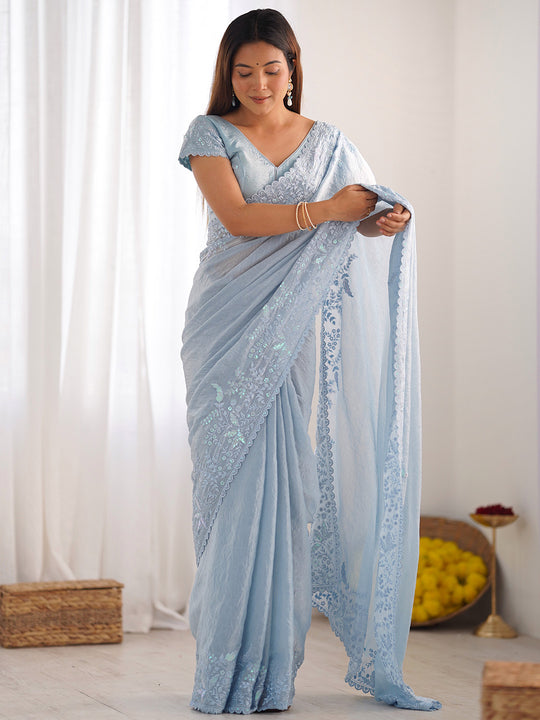 Sky Blue Tissue Silk Saree With Blouse Piece