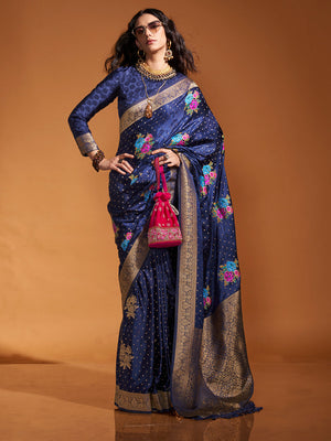 Blue Satin Saree With Blouse Piece