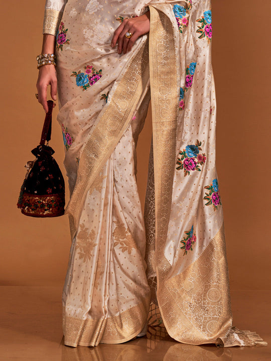 Cream Satin Saree With Blouse Piece