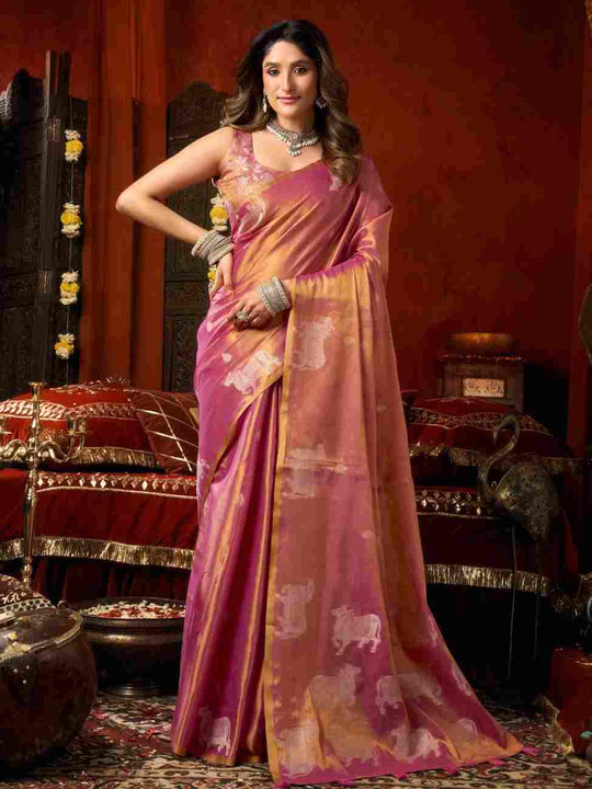 Pink Banarasi Silk Saree With Blouse Piece