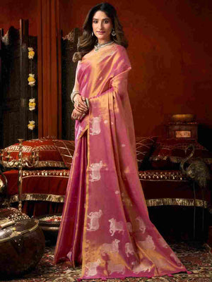 Pink Banarasi Silk Saree With Blouse Piece