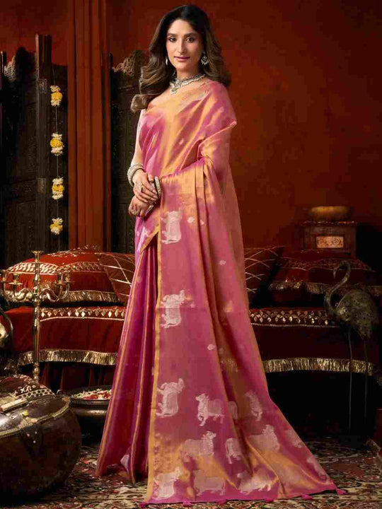 Pink Banarasi Silk Saree With Blouse Piece