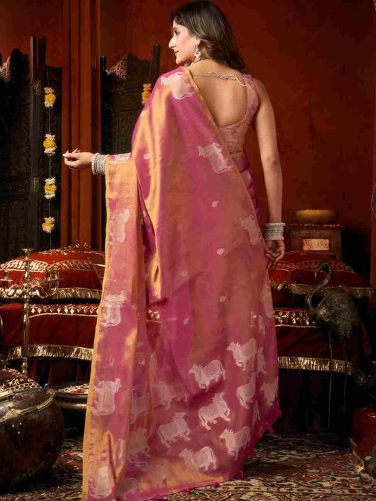 Pink Banarasi Silk Saree With Blouse Piece