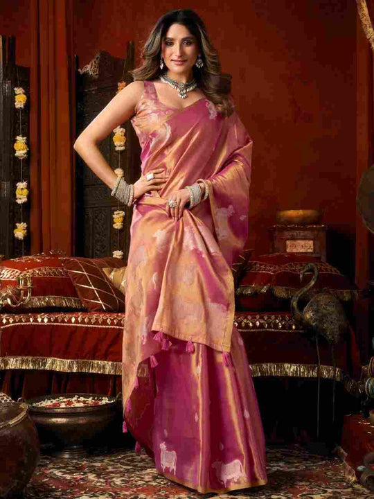 Pink Banarasi Silk Saree With Blouse Piece