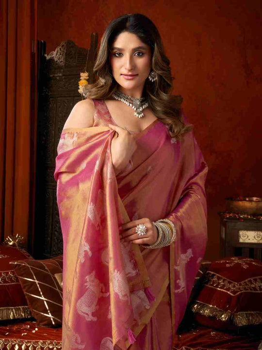 Pink Banarasi Silk Saree With Blouse Piece