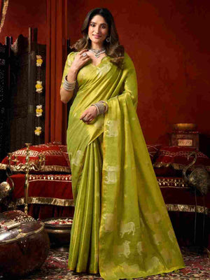 Lime Green Banarasi Silk Saree With Blouse Piece