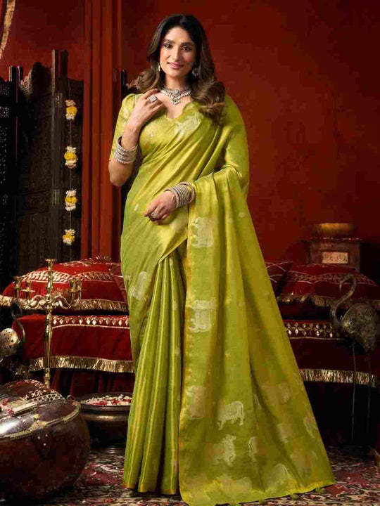 Lime Green Banarasi Silk Saree With Blouse Piece