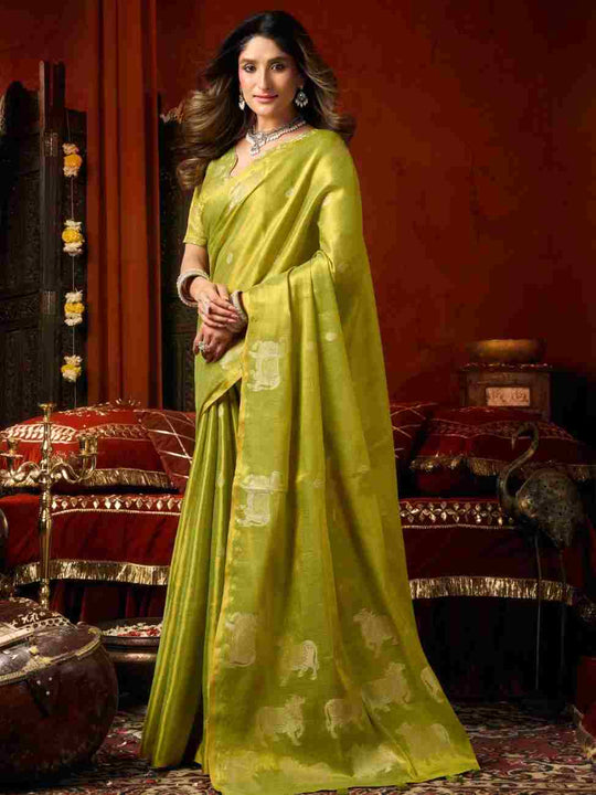 Lime Green Banarasi Silk Saree With Blouse Piece