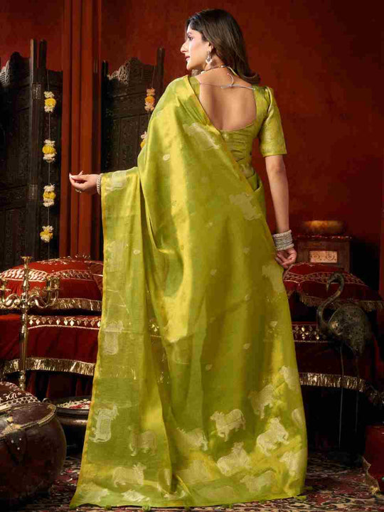 Lime Green Banarasi Silk Saree With Blouse Piece