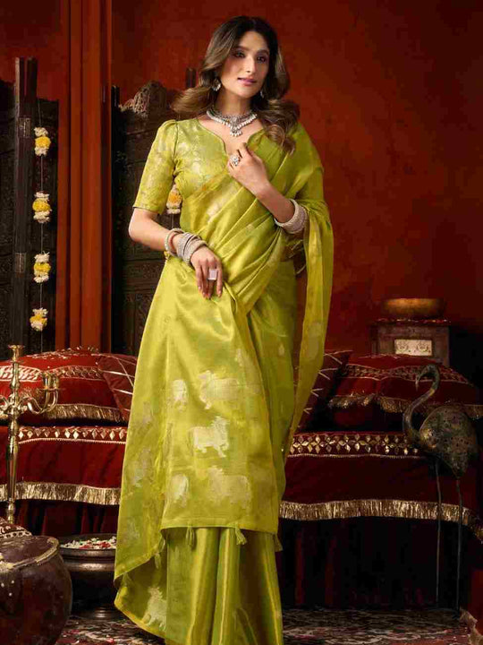 Lime Green Banarasi Silk Saree With Blouse Piece