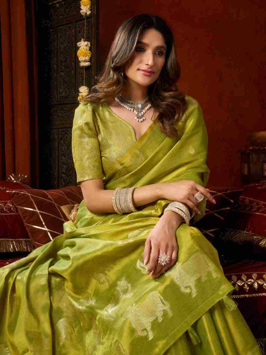 Lime Green Banarasi Silk Saree With Blouse Piece
