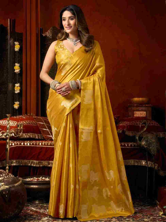 Gold Yellow Banarasi Silk Saree With Blouse Piece