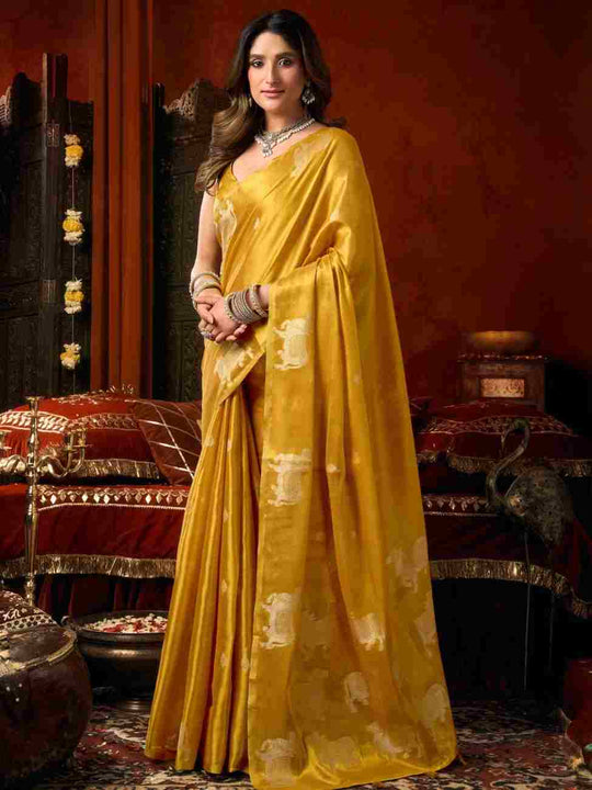 Gold Yellow Banarasi Silk Saree With Blouse Piece